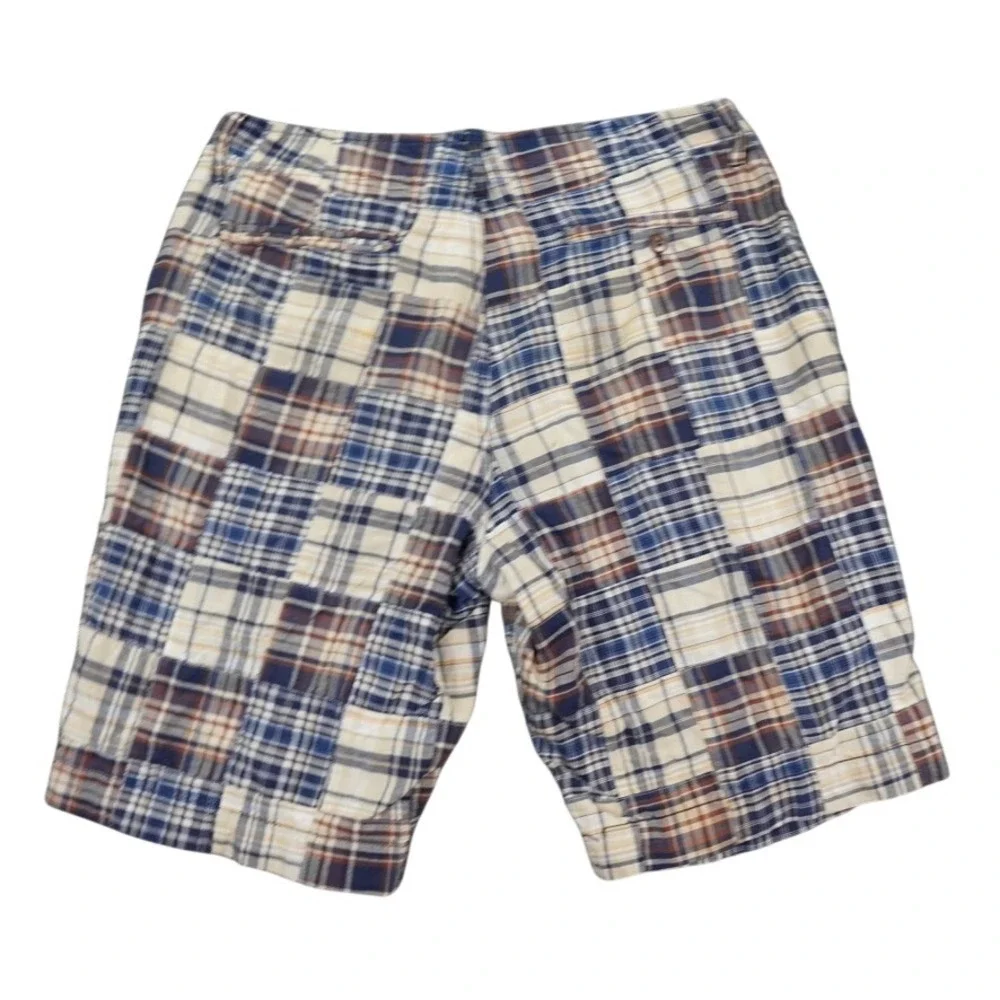 J Crew Patchwork Madras Shorts Mens 32 Blue Tan Plaid Cotton Summer Preppy